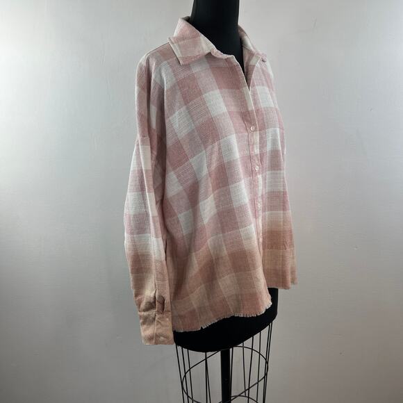 SAINTS & HEARTS Plaid Oversized Flannel Shirt Pink White Ombre Long Slv Top M ? - Picture 4 of 8